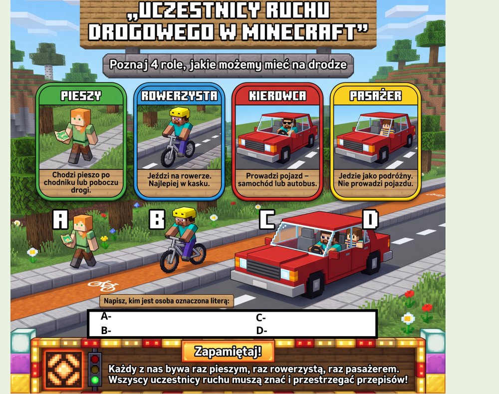 Uczestnicy ruchu drogowego w Minecraft: pieszy, rowerzysta, kierowca i pasażer
