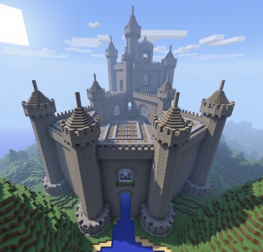 Kamienny zamek z wieżami i dziedzińcem zbudowany w Minecrafcie